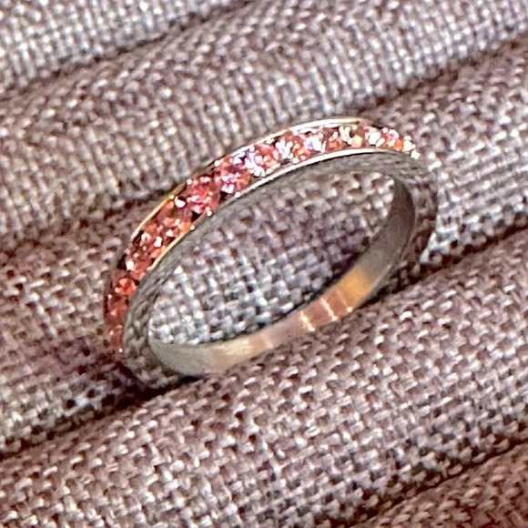 Pink Tourmaline Colored CZ Stainless Steel Eternity Band Ring October Birthstone - Picture 3 of 7